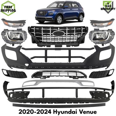 Front Bumper Cover Primed Plastic & Headlights Kit For 2020-2024 Hyundai Venue