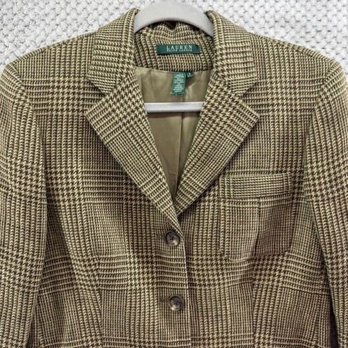 Lauren Ralph Lauren Blazer Women 8 Brown Tan Linen Houndstooth Lined Academia - Picture 3 of 14