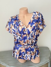 NINE WEST Women's L Blouse Surplice Peplum Blue Beige Career Wrinkle Free