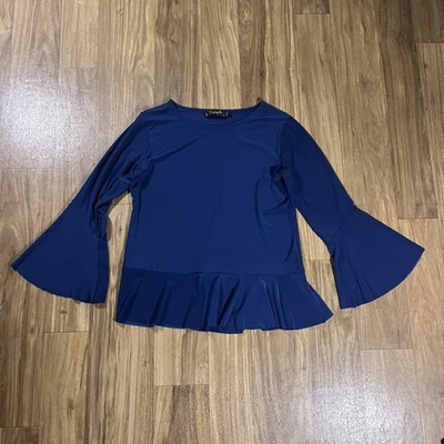 Sympli Blouse Womens 8 Blue Bell Sleeve Ruffle Hem Tunic Top Jersey Stretch