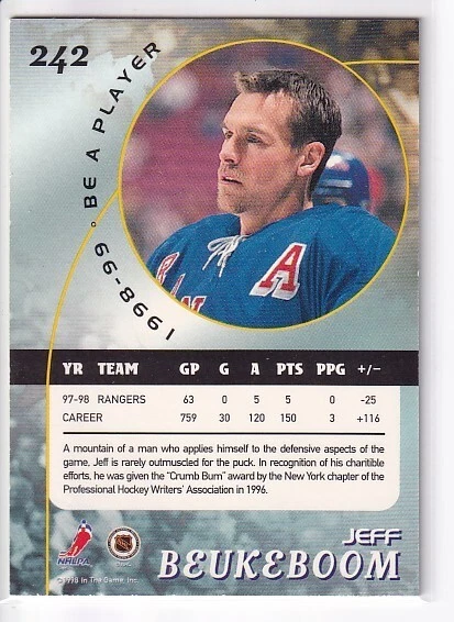 1998-99 In the Game Be a Player #242 Jeff Beukeboom New York Rangers - Image 2 of 2
