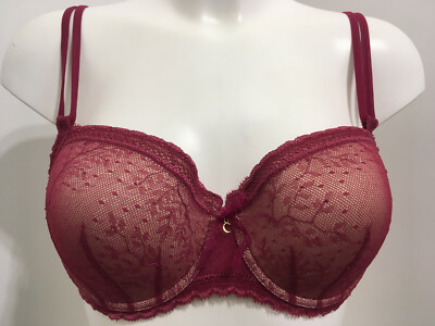 Chantelle Dark Pink Bra 38C Underwired T-Shirt moulded padded lace overlay