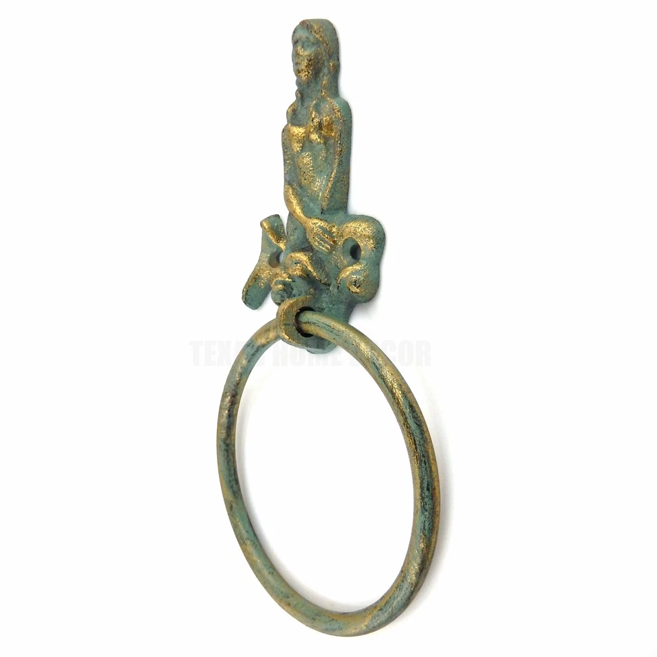 Anillo Toalla Sirena Sentada Montado en la Pared Hierro Fundido Oro Verde Bronce Antiguo 9" Foto 2 de 3