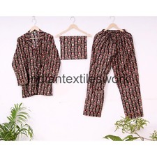 Indian Cotton Pajama Set Hand Block Flower Print Women Yoga Wear Dress CNS54