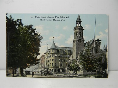 Vintage Main Street View Racine Wisconsin Post Office and Hotel Postcard - P34