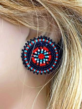 HANDCRAFTED BEADED ROUND BLACK RED FLOWER POST EARRINGS USA 60/64