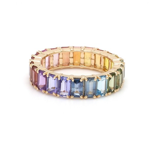 Emerald Cut Rainbow Sapphire Full Eternity Bands Wedding Ring In 18k Yellow Gold - Picture 6 of 7