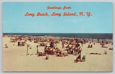 Long Island New York, Long Beach Greetings Sunbathers, Vintage Postcard