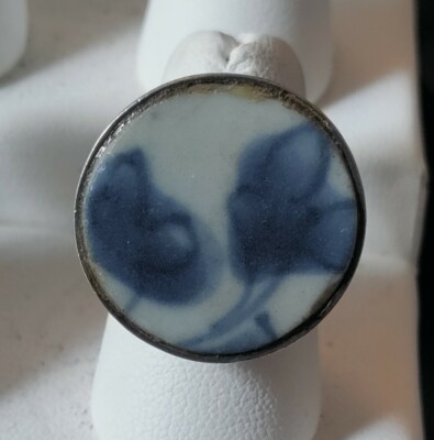 Vtg Antique Sterling Silver Blue Salt Glaze Porcelain Ring Size 6~9g Unique!!! 
