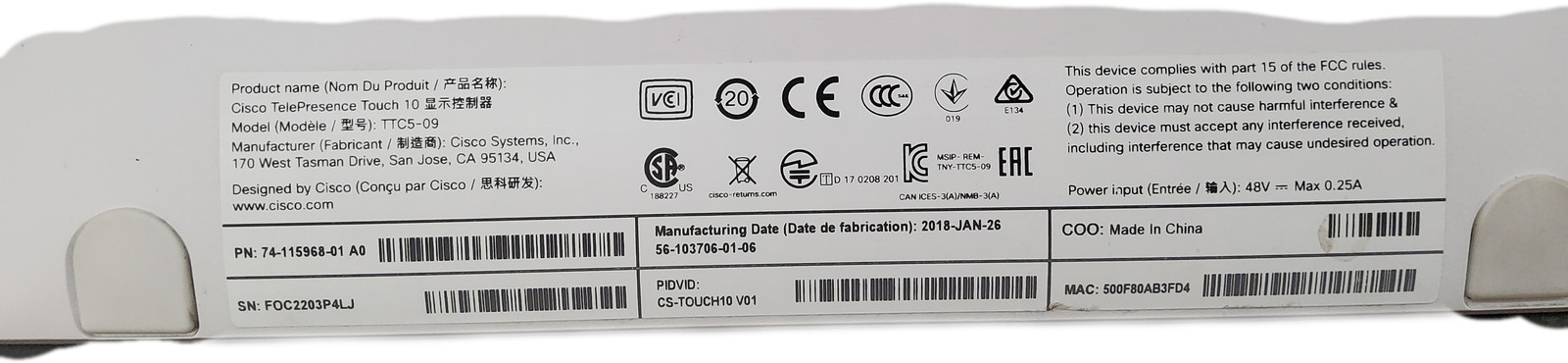 Cisco TelePresence Touch 10 TTC5-09 Video Conf Panel