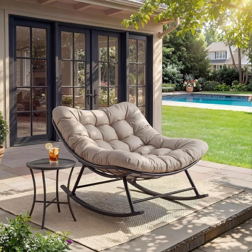 Oversized Rattan Rocking Chair Outdoor Egg Chair with Thick Removable Cushion