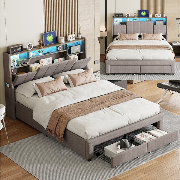 Doppelbett Polsterbett 160X200 Cm Stauraum Led Bettgestell Mit 2 Schubladen-image