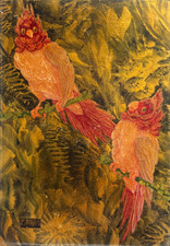 Dipinto ad olio vintage firmato Paul RAFFY (XX) Perrots Birds, incorniciato A...