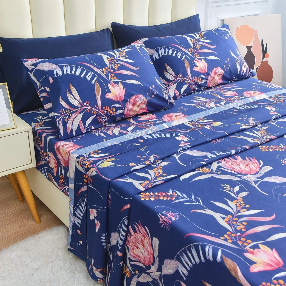 JSD Navy Blue Floral Printed King Sheet Set, 6 Piece Botanical Pattern Microf. - Image 3 of 4