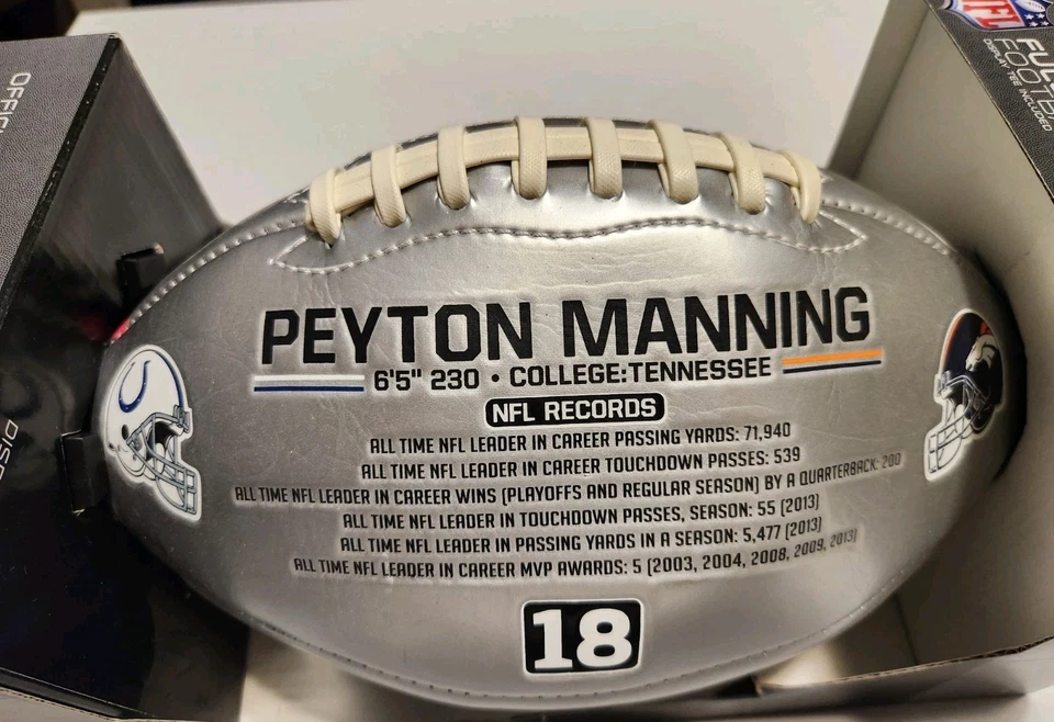 Peyton Manning NFL Records Colts & Broncos Official Size Football W/ Display Tee - Image 3 of 3