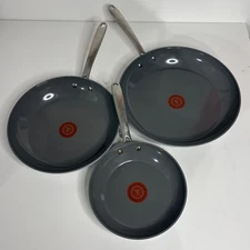New T-Fal 3 Pc Ceramic Non Stick Fry Pan Set Gray Thermo Spot 8 10.5 12 Inch