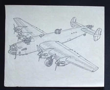Original WWII Hand-Drawn Aircraft Illustration – Handley Page Halifax
