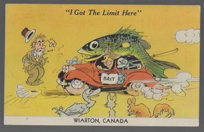 pk10287:Postcard-Vintage Exaggerated Fish Humour Comic Greetings,Wiarton,Ontario
