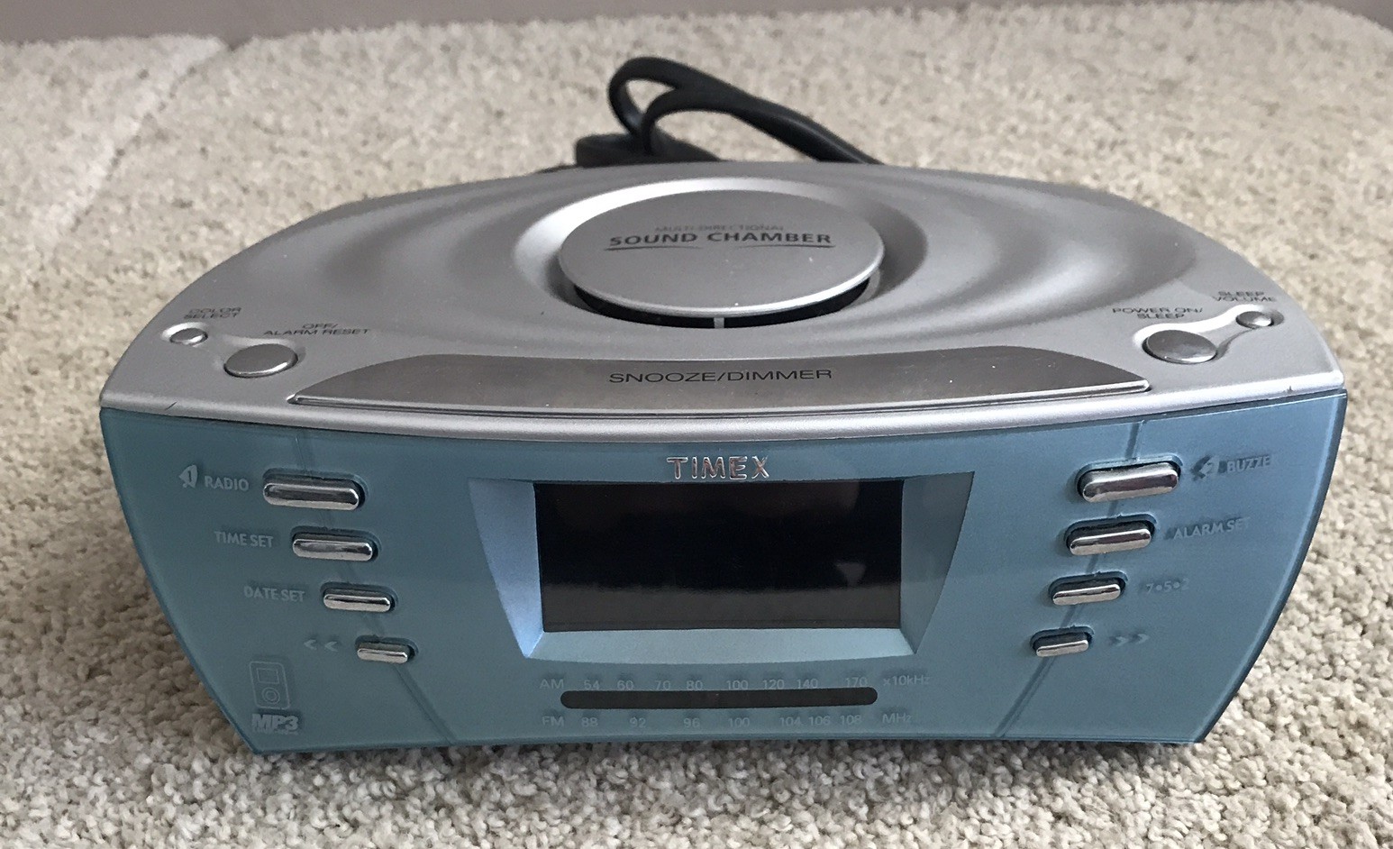 Timex Dual Alarm Clock Radio AM/FM Vintage Silver Blue - Sound Chamber (T439S)