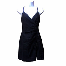 FOREVER 21 Black Linen Blend Dress Spaghetti Straps Lined Front Slit Ruched Body