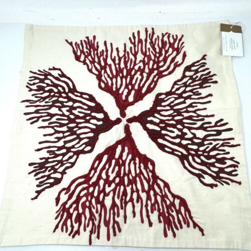 NEW Pottery Barn Coral Reef Pillow Cover Red Embroidered Applique 20” X 20”