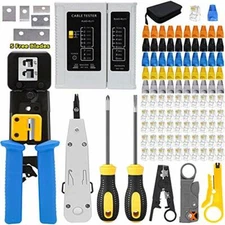 RJ45 CRIMP TOOL KIT Cat5 Cat5e Cat6 RJ45 Pass Through Connectors Tester LEATBUY