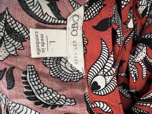 CATO RAYON BLOUSE 3/4 SLEEVES Y STRAPY NECK ROUND HEM TERRACOTTA BLACK SZ L NEW - Picture 5 of 5