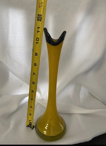 Vintage Art Glass Swung Stretched Vase Yellow Cased In Clear Black Rim MCM 11” - Picture 10 of 10