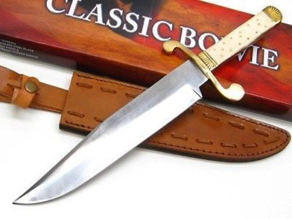 Cuchillo Bowie clásico con mango de hueso de 15-1/4" con hoja de acero al carbono y funda de cuero Foto 3 de 4
