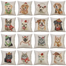 Christmas Cat Dog Throw Pillow Covers Xmas Animals Art Deco Zip Cushion Cover