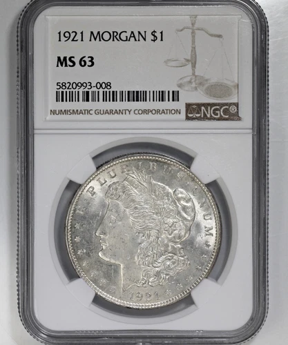 1921 Morgan Silver Dollar NGC MS63 Nice Bright Example Light Pearl Toning