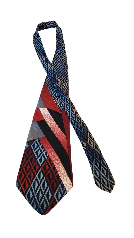 Corbata Via Manzoni Para Hombre Roja Azul Negra Abstracta Geométrica 100% Seda Italiana Foto 4 de 4