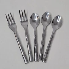 Stainless Bamboo Pattern Fruit Ice Cream Dessert Flatware 3 Spoons 2 Forks