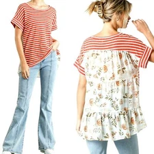 Umgee Top Size M Brick Red White Striped Floral Boho Relaxed Womens Shirt