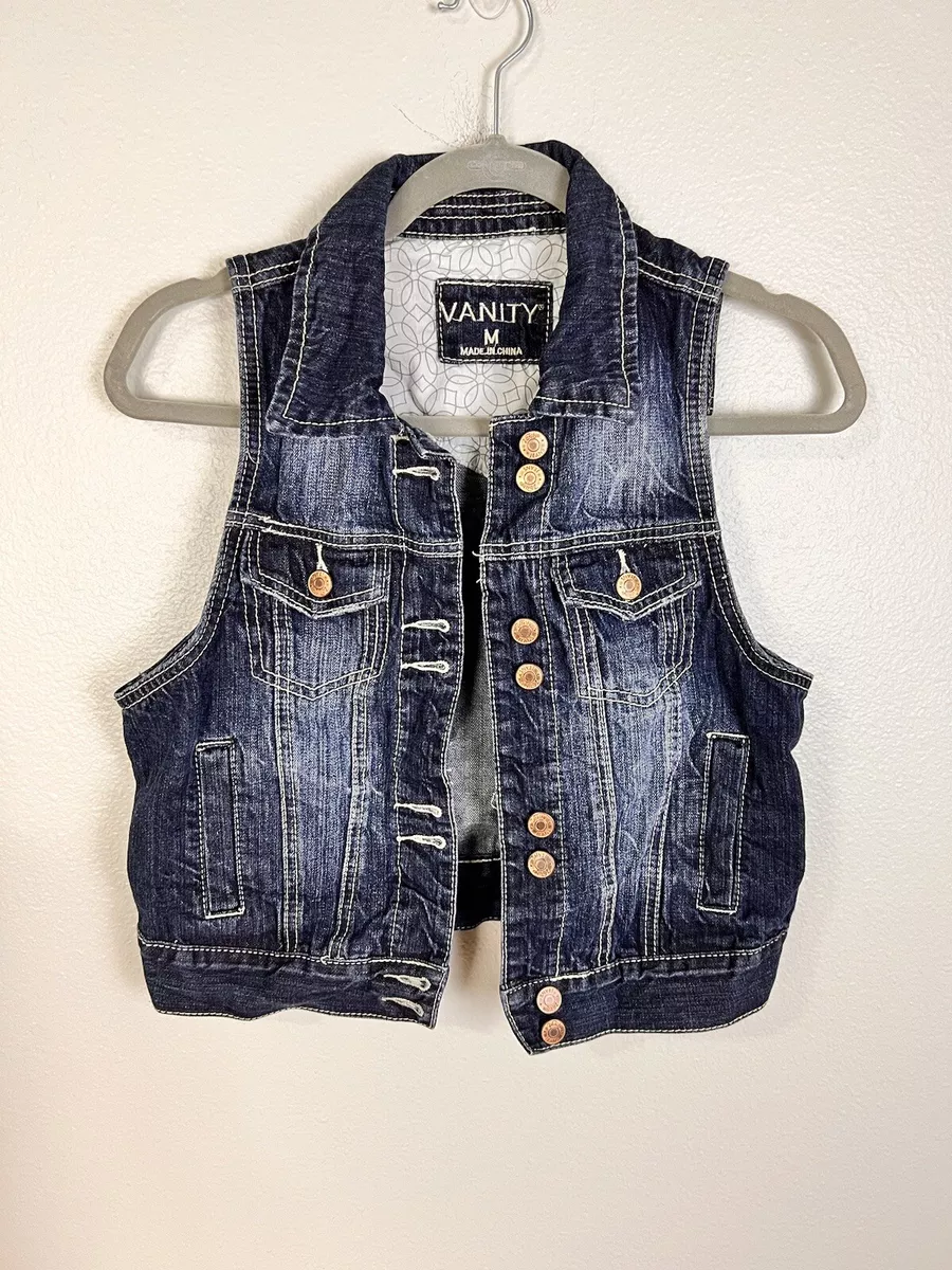 Vanity Denim Vest Jacket Womens M Blue Dark Wash Casual Button Up