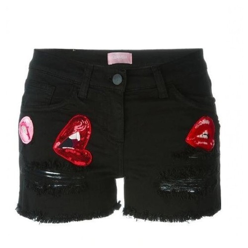 GIAMBA Women Paris Distressed Appliqué Denim Shorts Cotton Black Red Size 6