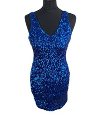 Covos Blue Sequin Mini Dress Bodycon V Neck Stretch Women’s UK Size XL
