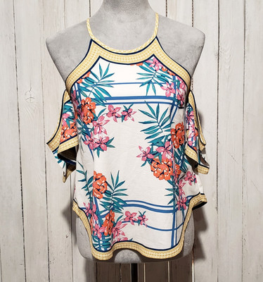 Flying Tomato XS Top Cream Floral Cold Shoulder Tropical Coconut Tiki Hawaiian