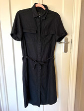 NEXT Black Linen Viscose Shirt Dress UK 12 Midi Collared Short Sleeve Belted