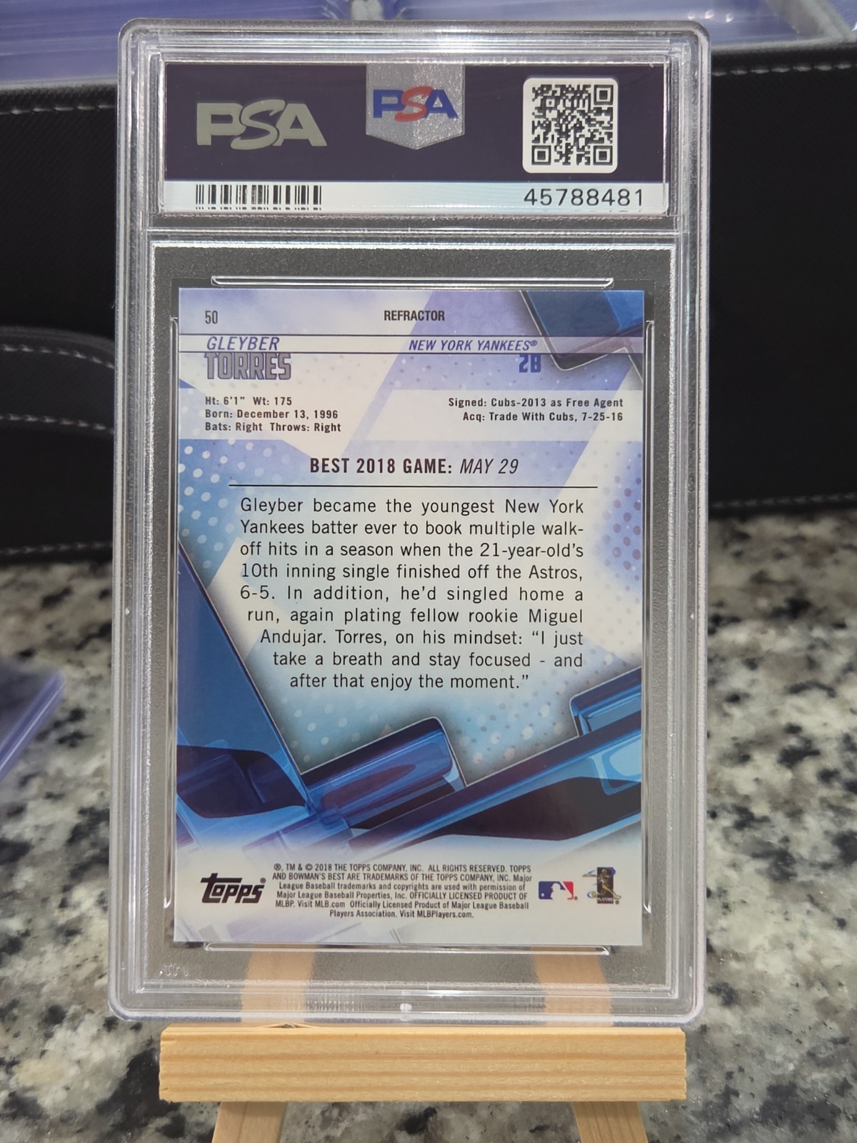 2018 Bowmans Best Refractor Gleyber Torres PSA 10 view 3