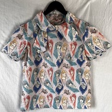 Blusa vintage casera dorada para niñas con estampado completo manga corta lazo para mujer S M
