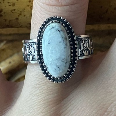 White Buffalo Turquoise Sterling Silver Cactus Ring Size 9