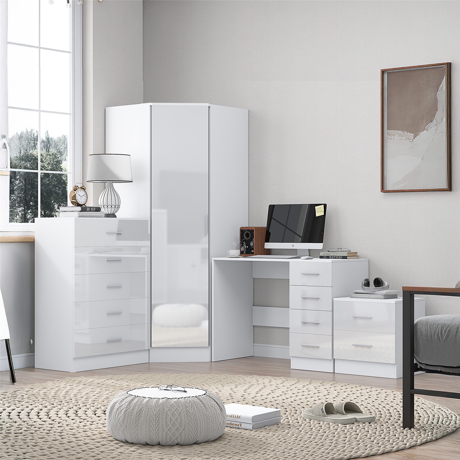 REFLECT Furniture Bundle - Corner + Chest + Bedside + Desk - White/White