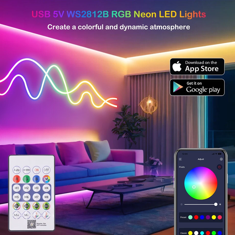 5V USB Neon LED Strip Streifen RGB WS2812B Wasserdicht Schlauch IP65 Lichtband - Bild 2 von 4