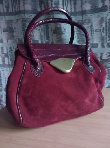 Bolso COCCINELLE Vintage Burdeos Ante y Piel Cocodrilo Made in Italy Lujo