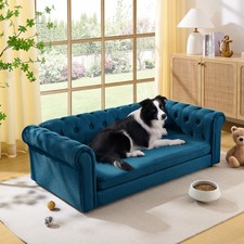 Large Elevated Dog Bed Sofa for Big Dogs, Durable Dark Blue Linen Cover