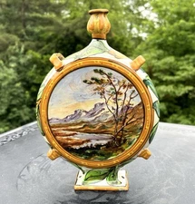 Vtg Majolica Hand-Painted Lemons & Scenery Pilgrim Decanter Moon Flask - Italy