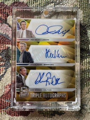 2023-24 Spectra Triple Autographs Gold /10 Pat Riley Steve Kerr Doc Rivers