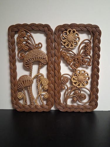 Pair 1970s Burwood Plastic Wall Hanging Butterfly & Mushroom 8 X 16" Vintage Set - Image 1