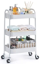 3 Tier Rolling Utility Cart, No Screw, Locking Wheels, for Home Office, White